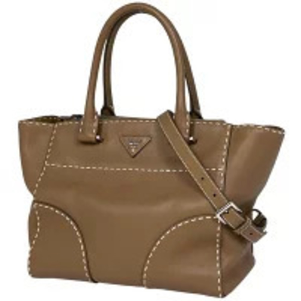 Prada Plate 2way Shoulder Bag Stitched Leather Beige